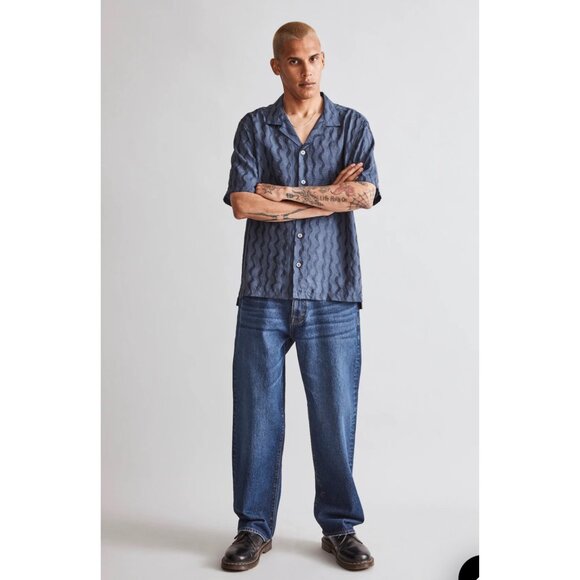 Madewell Mens Relaxed Short Sleeve Textured Button-Up Jacquard Shirt Navy XS NWT - Picture 2 of 12